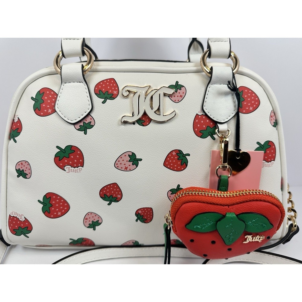 Juicy Couture Strawberry Bowler Bag White Sweet N Juicy  w Coin Purse Charm - Picture 11 of 12